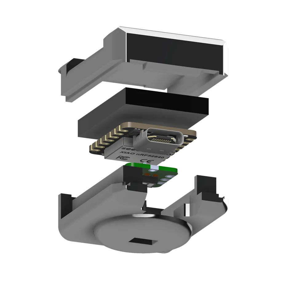 Exploded render of a PhysDAQ sensor node, top to bottom: the 3D-printed lid, a flat LiPo battery, the Seeed XIAO nRF52840 board with its USB-C connector, the small green MAX30102 pulse-oximeter module, and the base of the case with the round optical window that sits against the skin.